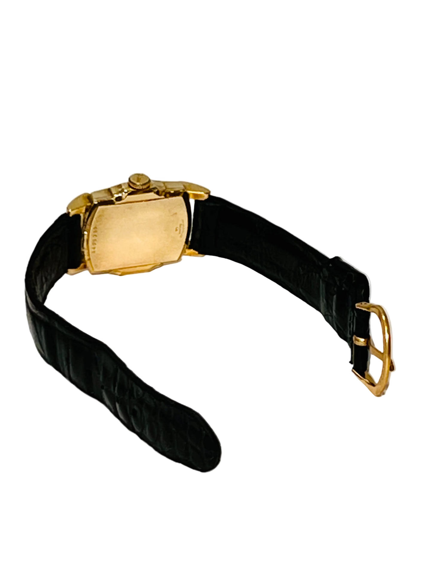 A Bulova Academy Award Z wristwatch with a gold-filled rectangular case and a black textured leather strap, photographed on a plain white surface.
